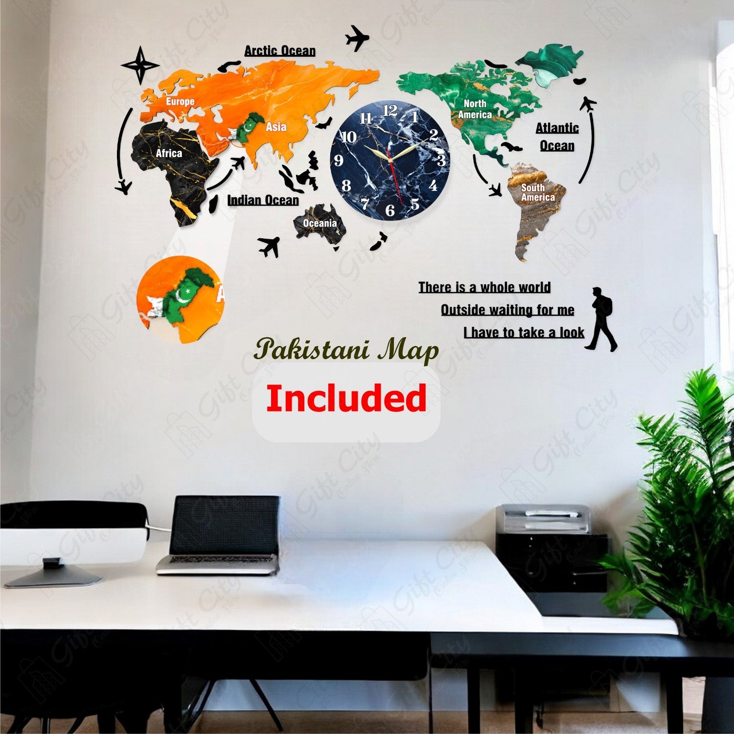 Gift City DIY Colorful Wooden World Map Wall Clock - Large 127cm for Home and Office