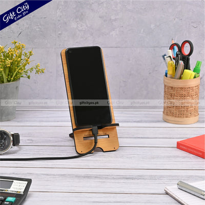 Customizable Wooden Mobile Stand – Sleek, Portable & Multi-Functional - Gift City Online Store