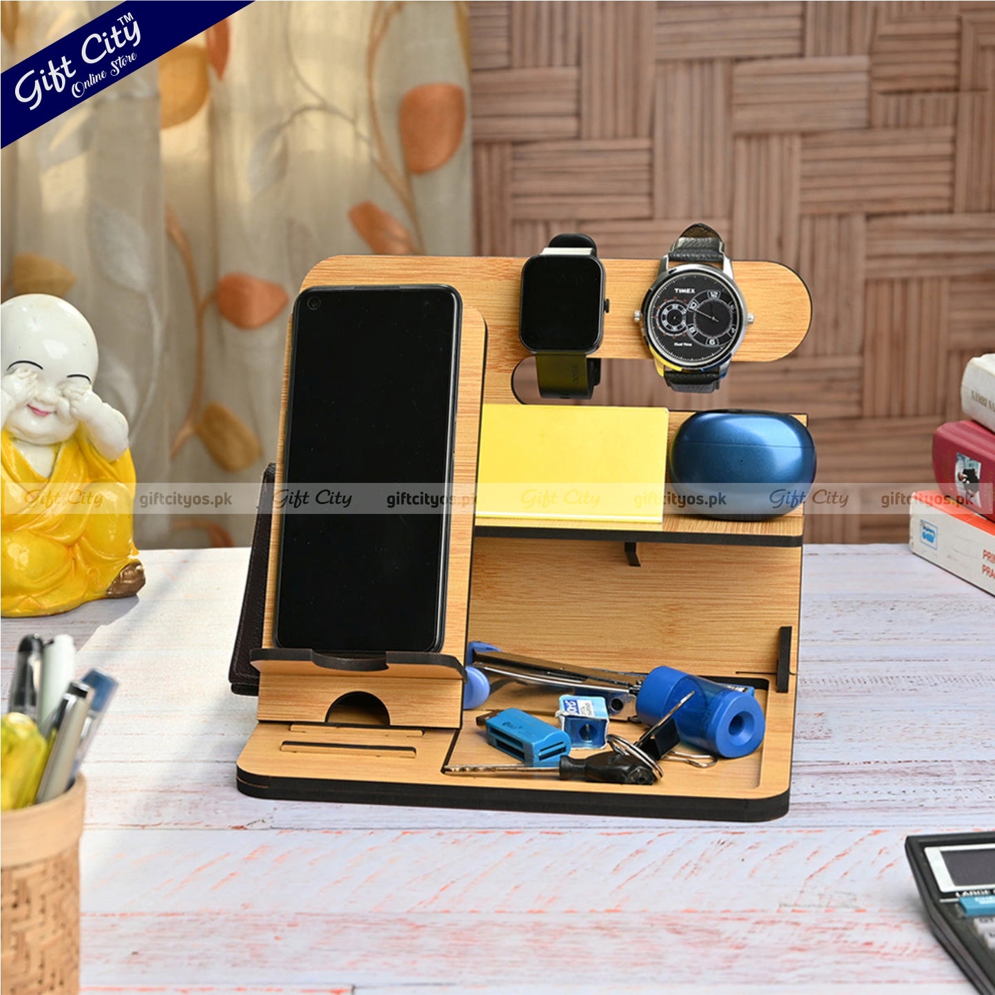 Customizable Wooden 6-in-1 Desk Organizer – Portable & Multi-Functional
