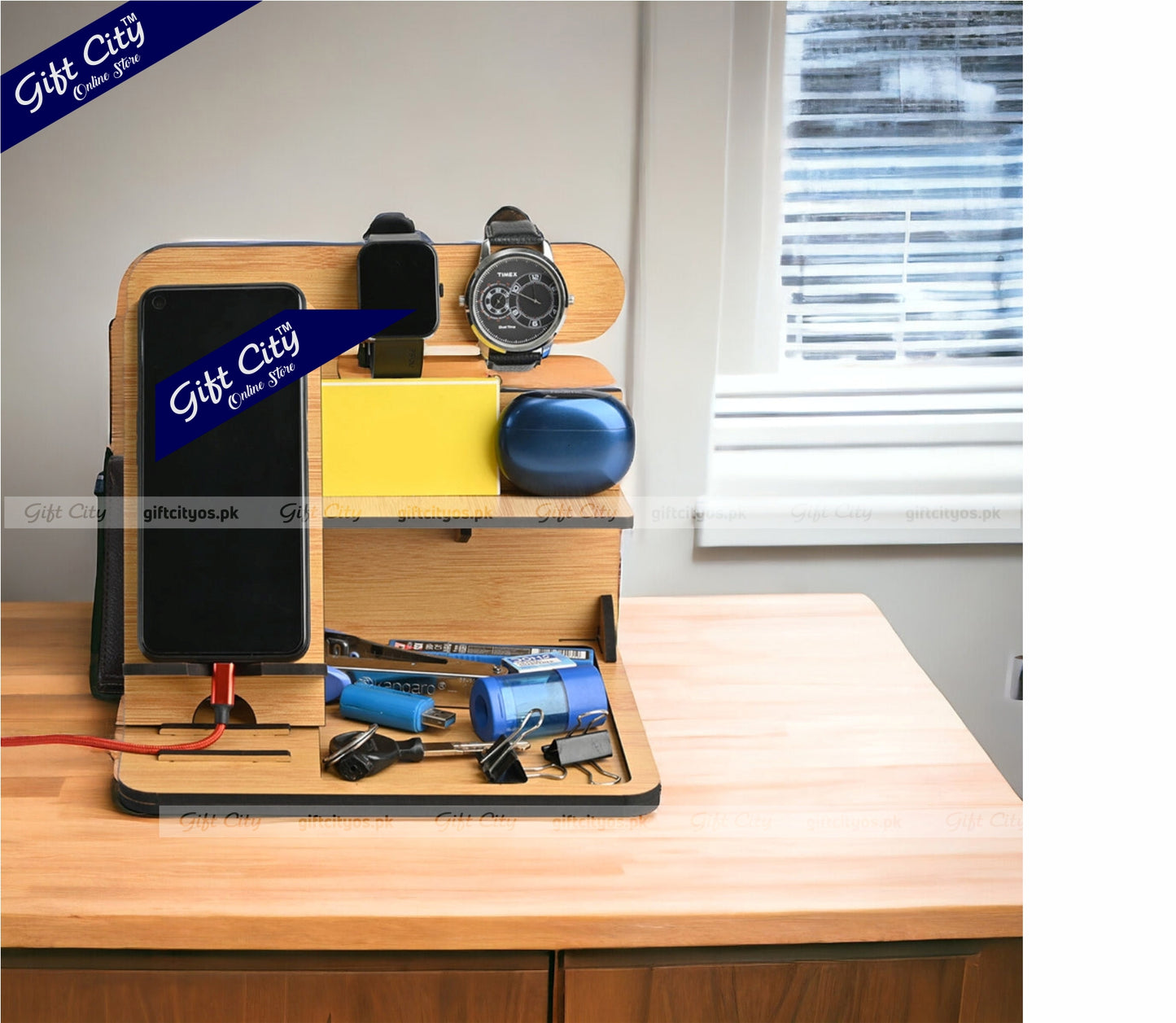 Customizable Wooden 6-in-1 Desk Organizer – Portable & Multi-Functional