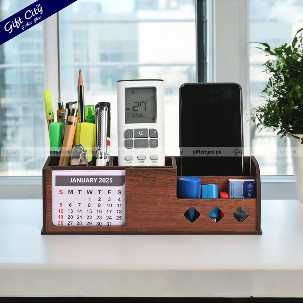 Personalized Wooden Desk Organizer with Calendar – 4 Compartments | Custom Logo Option - Gift City Online Store