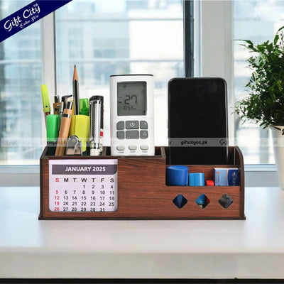 Personalized Wooden Desk Organizer with Calendar – 4 Compartments | Custom Logo Option - Gift City Online Store