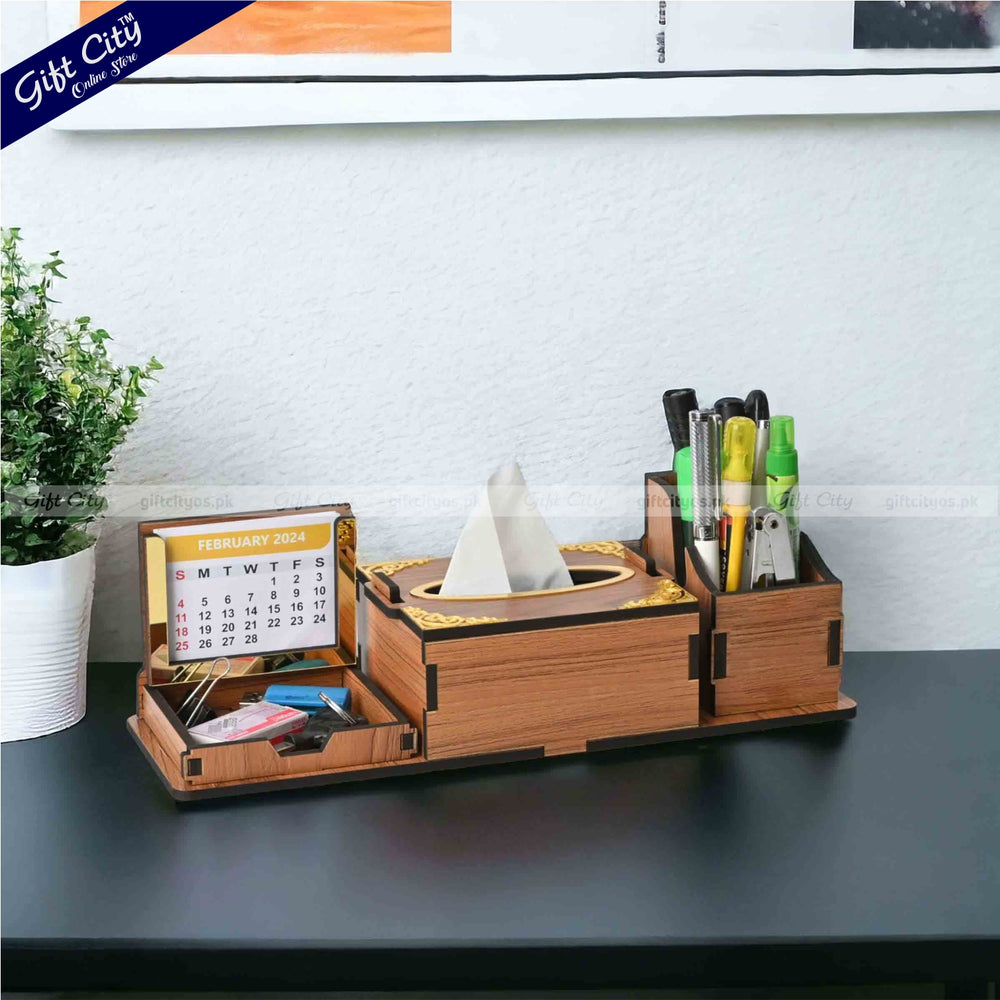 Premium Wooden Desk Organizer – Multi-Functional | Tissue Holder, Calendar & Storage Combo - Gift City Online Store