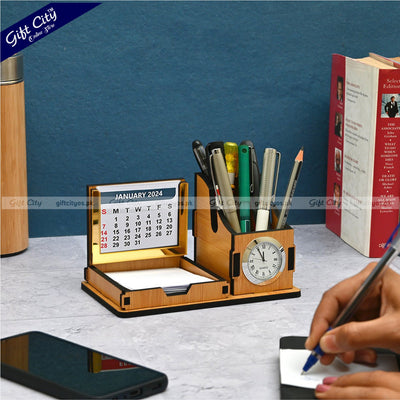 Premium Wooden Desk Organizer with Mini Watch & Calendar | Customizable for Branding - Gift City Online Store