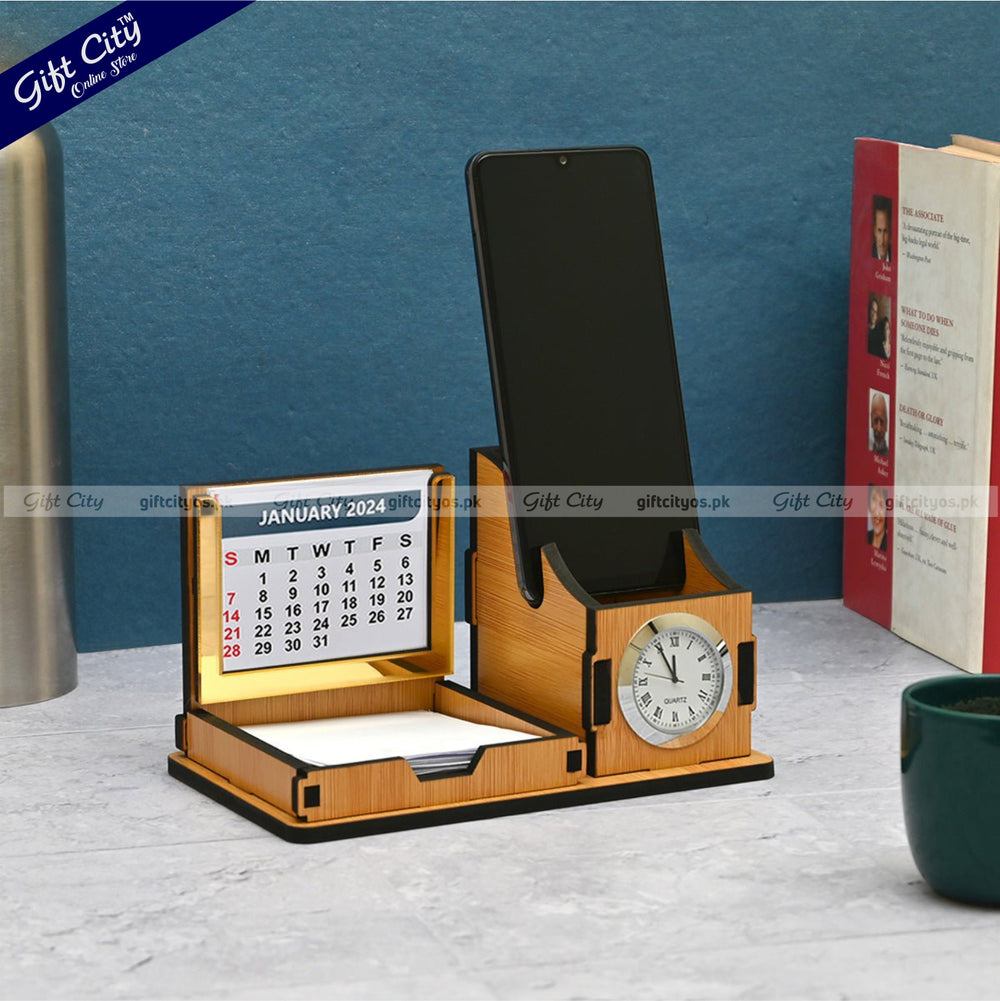 Premium Wooden Desk Organizer with Mini Watch & Calendar | Customizable for Branding - Gift City Online Store
