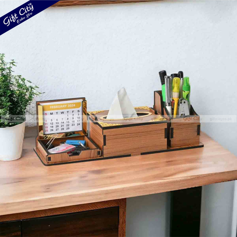 Premium Wooden Desk Organizer – Multi-Functional | Tissue Holder, Calendar & Storage Combo - Gift City Online Store