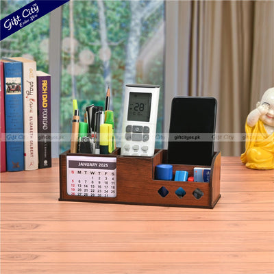 Personalized Wooden Desk Organizer with Calendar – 4 Compartments | Custom Logo Option - Gift City Online Store