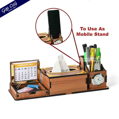 Luxury Wooden Desk Organizer with Tissue Box, Calendar & Mini Clock – Customizable - Gift City Online Store