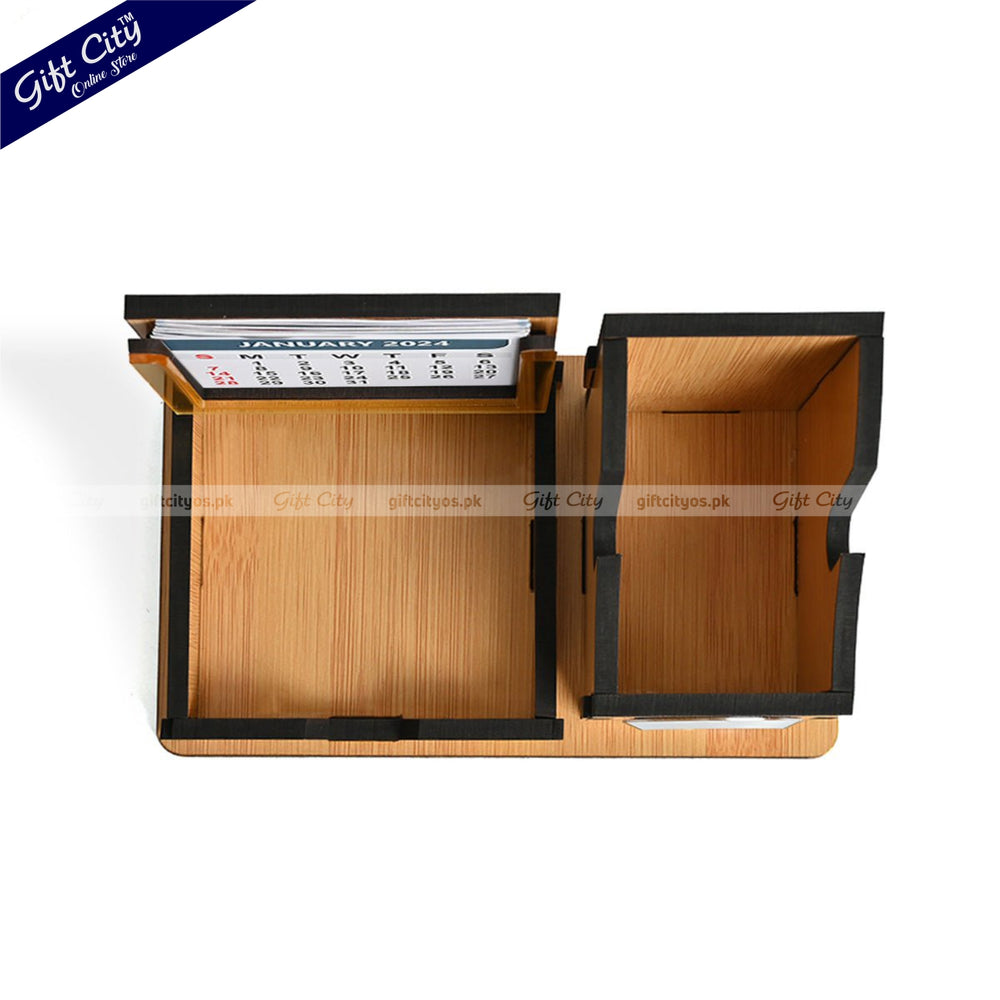 Premium Wooden Desk Organizer with Mini Watch & Calendar | Customizable for Branding - Gift City Online Store