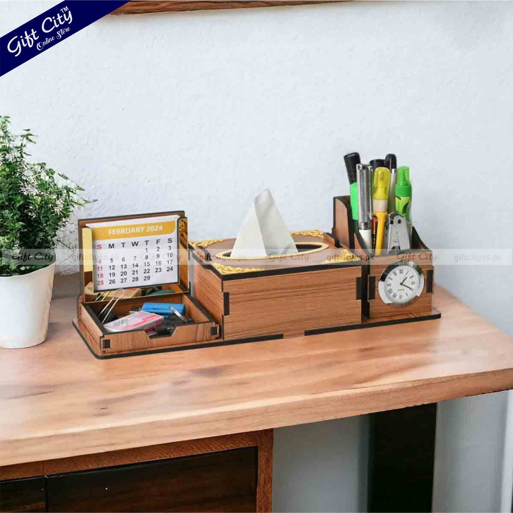 Luxury Wooden Desk Organizer with Tissue Box, Calendar & Mini Clock – Customizable - Gift City Online Store