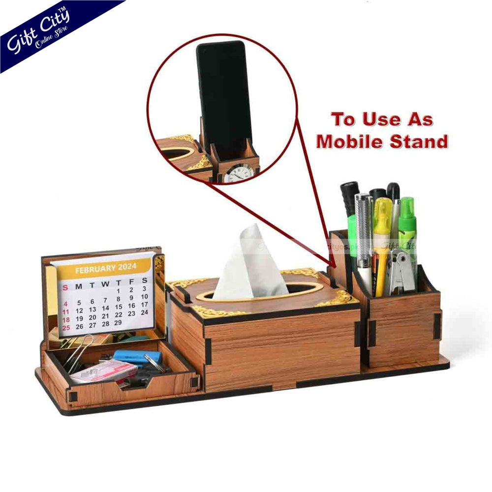 Premium Wooden Desk Organizer – Multi-Functional | Tissue Holder, Calendar & Storage Combo - Gift City Online Store