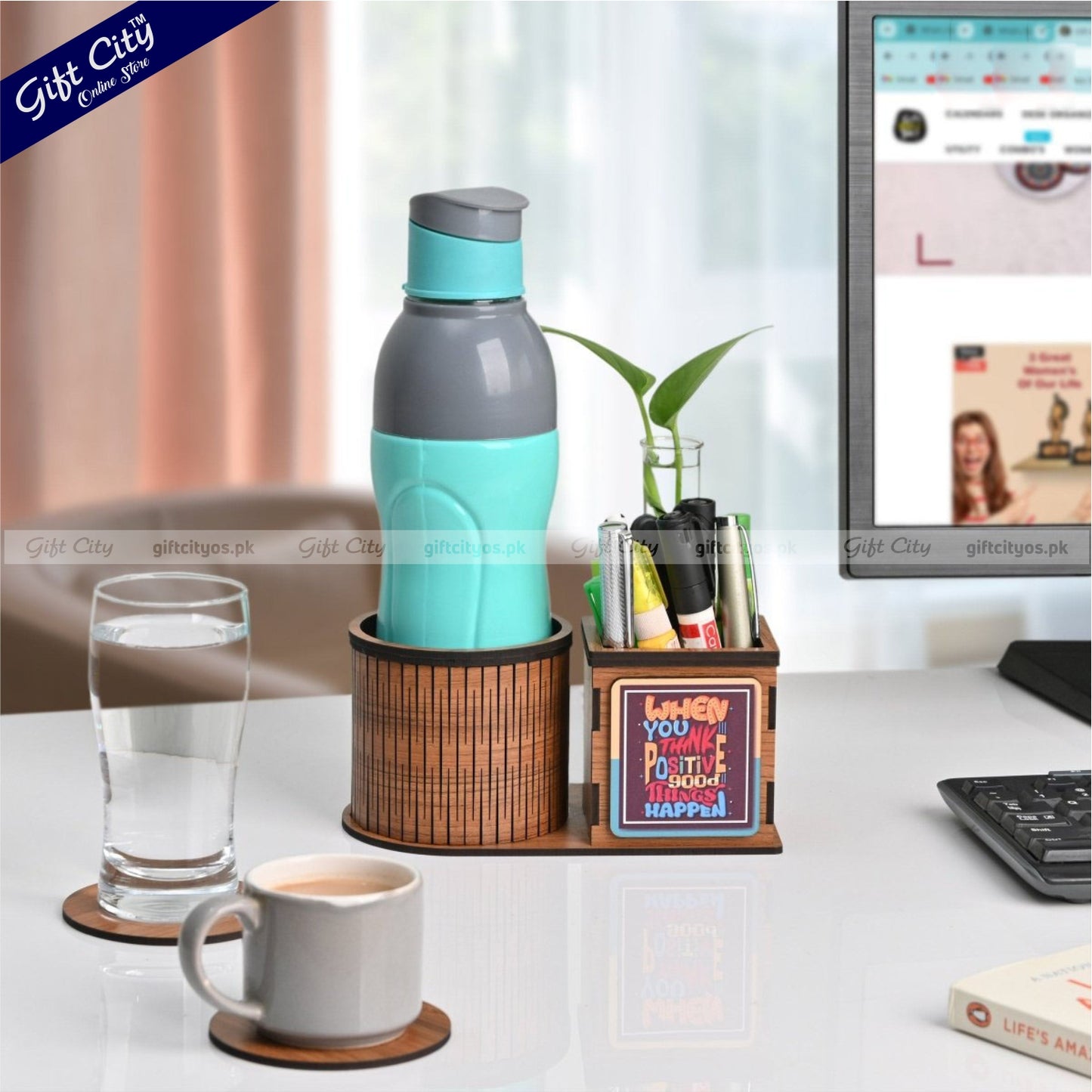 Multifunctional Wooden Desk Organizer – Bottle Holder | Planter | Pen Stand | Customizable