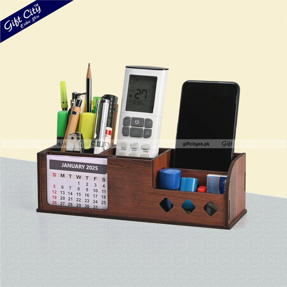 Personalized Wooden Desk Organizer with Calendar – 4 Compartments | Custom Logo Option - Gift City Online Store