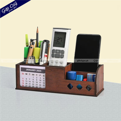 Personalized Wooden Desk Organizer with Calendar – 4 Compartments | Custom Logo Option - Gift City Online Store