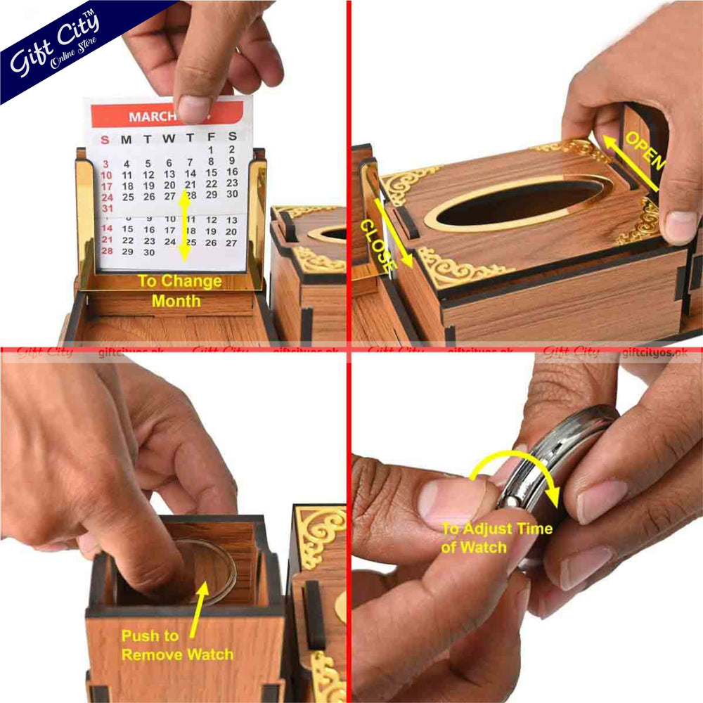 Luxury Wooden Desk Organizer with Tissue Box, Calendar & Mini Clock – Customizable - Gift City Online Store