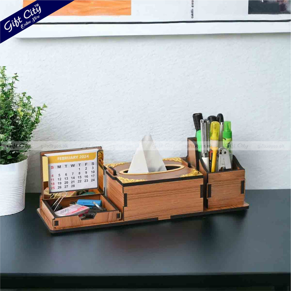 Premium Wooden Desk Organizer – Multi-Functional | Tissue Holder, Calendar & Storage Combo - Gift City Online Store