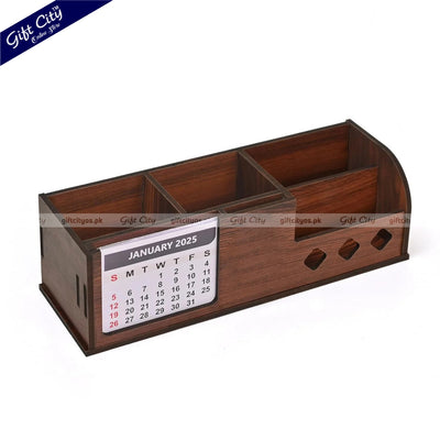 Personalized Wooden Desk Organizer with Calendar – 4 Compartments | Custom Logo Option - Gift City Online Store