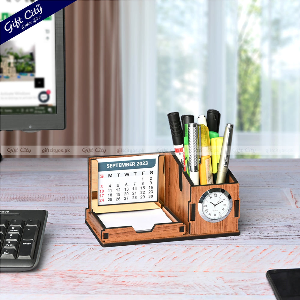 Premium Wooden Desk Organizer with Mini Watch & Calendar | Customizable for Branding - Gift City Online Store
