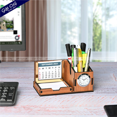 Premium Wooden Desk Organizer with Mini Watch & Calendar | Customizable for Branding - Gift City Online Store