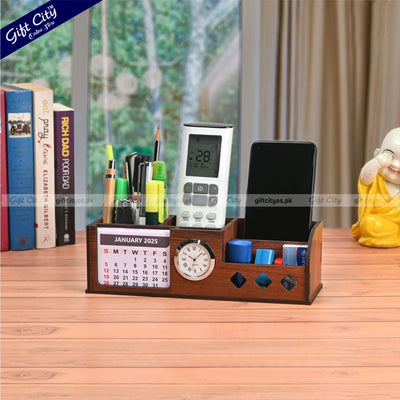 Wooden Desk Organizer with Mini Clock  Calendar – Custom Logo Option | 4-Section Holder - Gift City Online Store
