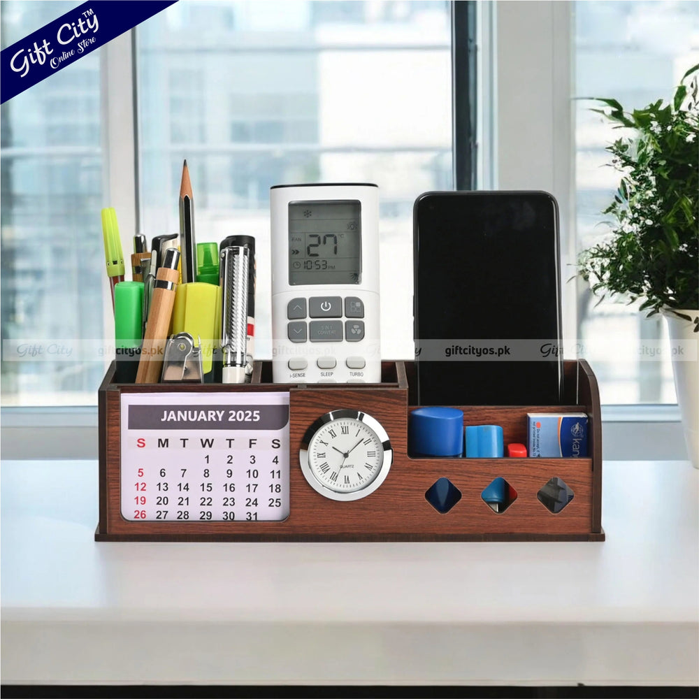 Wooden Desk Organizer with Mini Clock  Calendar – Custom Logo Option | 4-Section Holder - Gift City Online Store