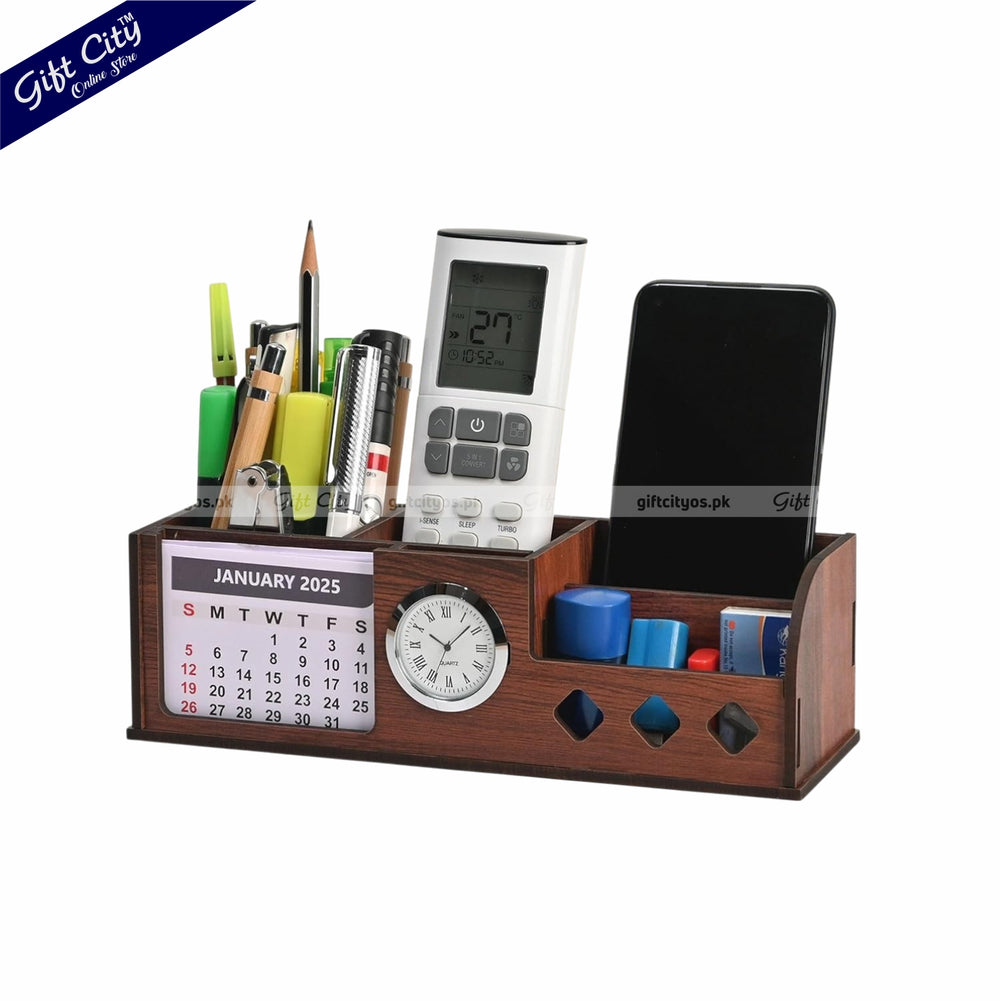 Wooden Desk Organizer with Mini Clock  Calendar – Custom Logo Option | 4-Section Holder - Gift City Online Store
