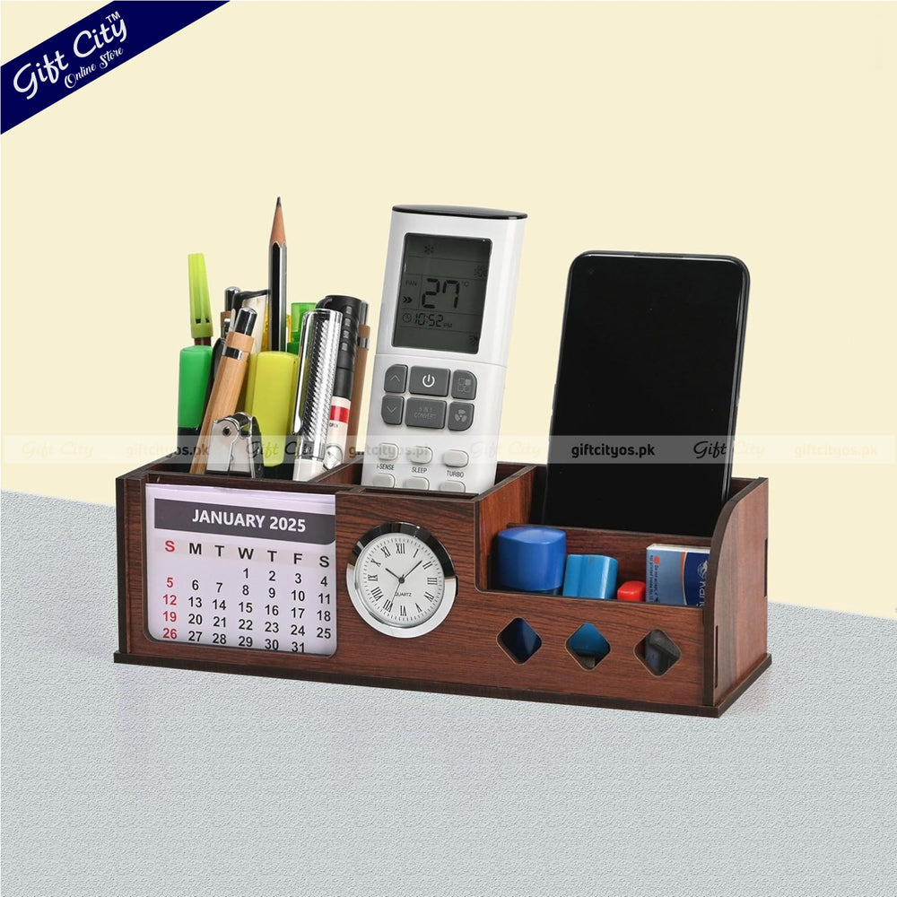 Wooden Desk Organizer with Mini Clock  Calendar – Custom Logo Option | 4-Section Holder - Gift City Online Store