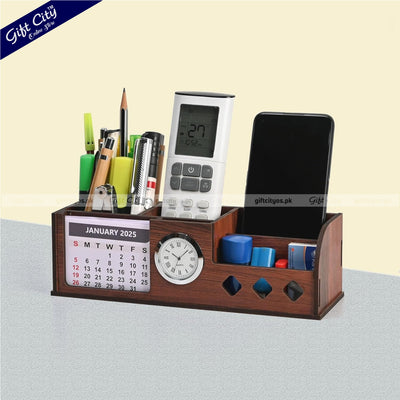 Wooden Desk Organizer with Mini Clock  Calendar – Custom Logo Option | 4-Section Holder - Gift City Online Store