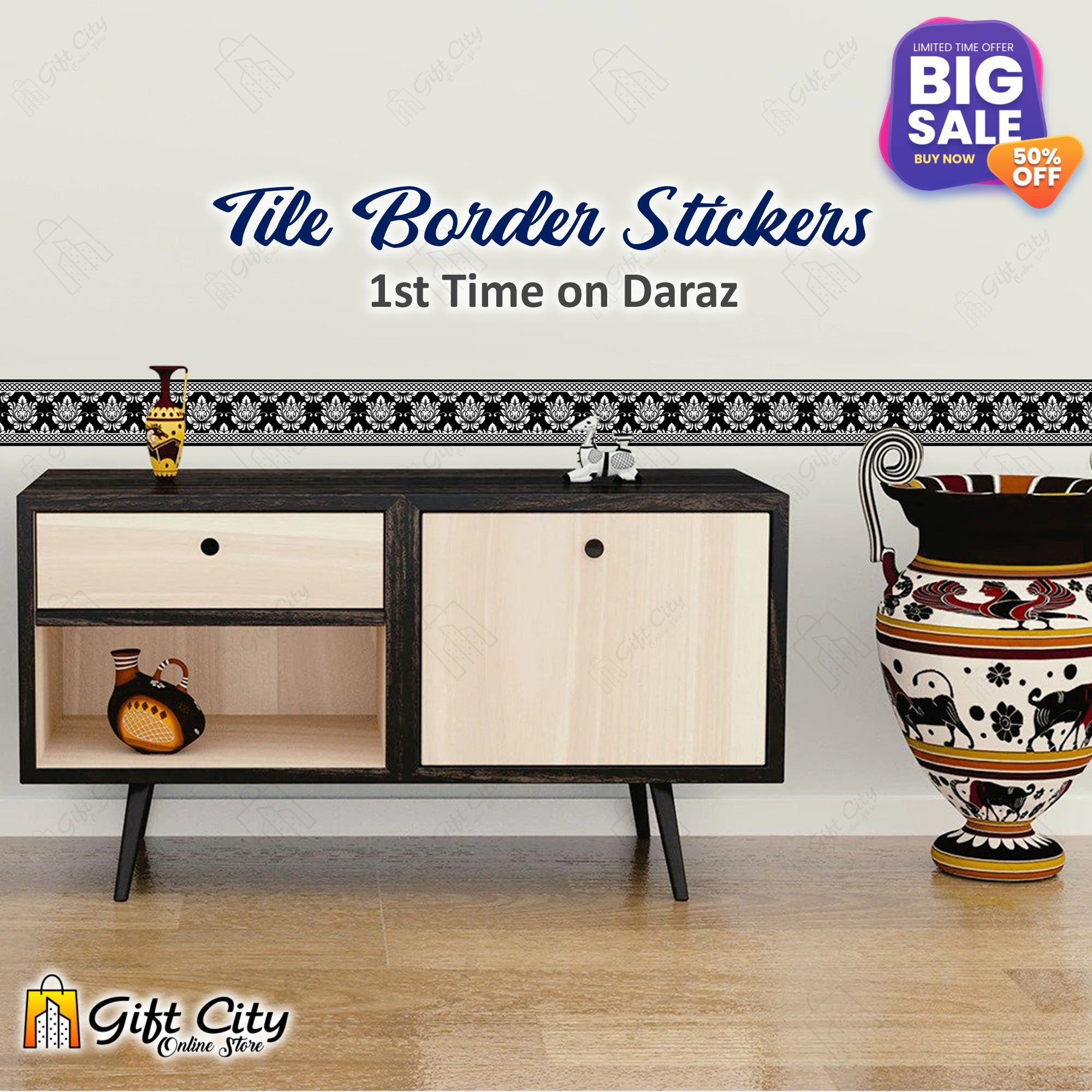 Black and White Pattern Design Tile Border Stickers