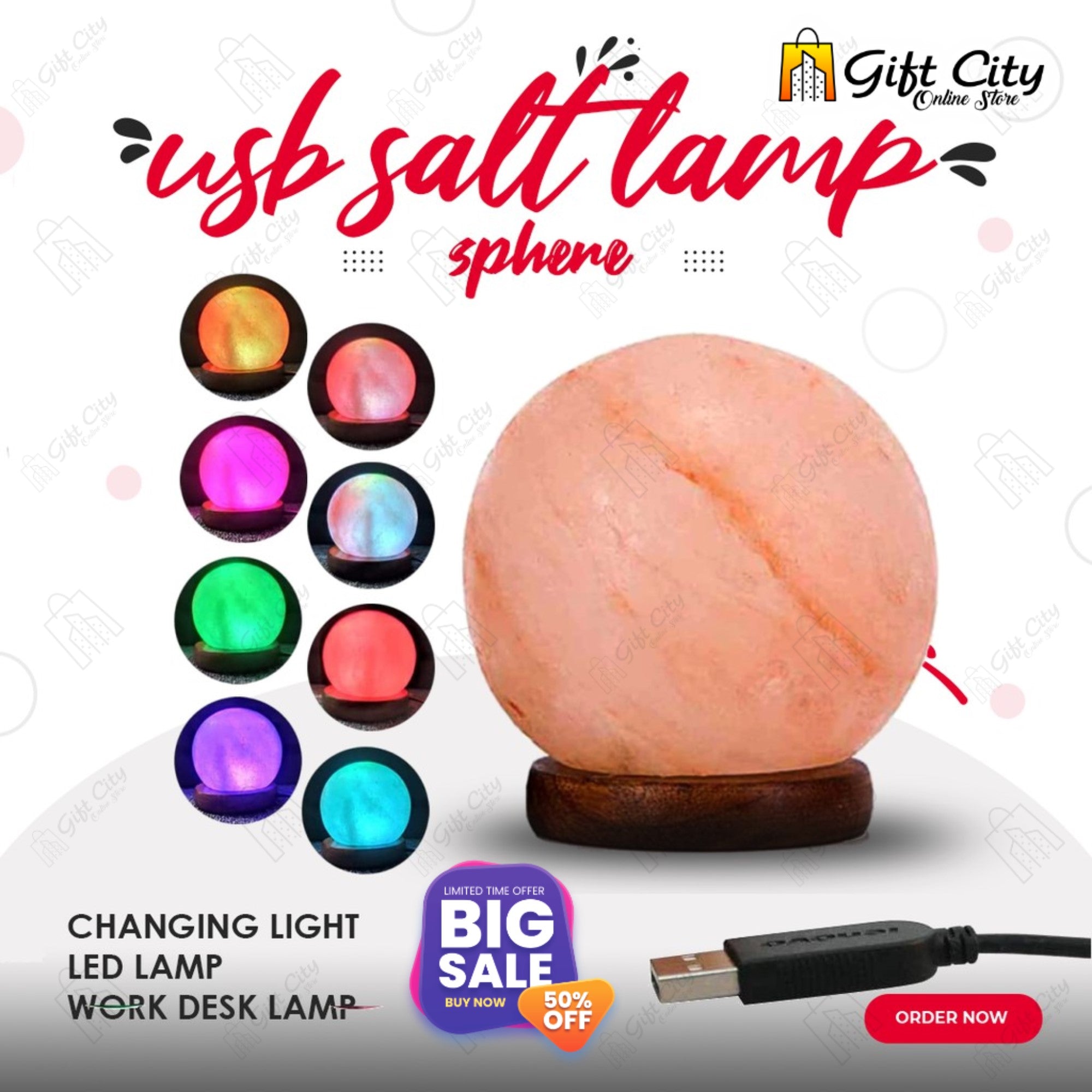 Sphere 7 Color Changing USB Himalayan Crafted Salt Lamp 