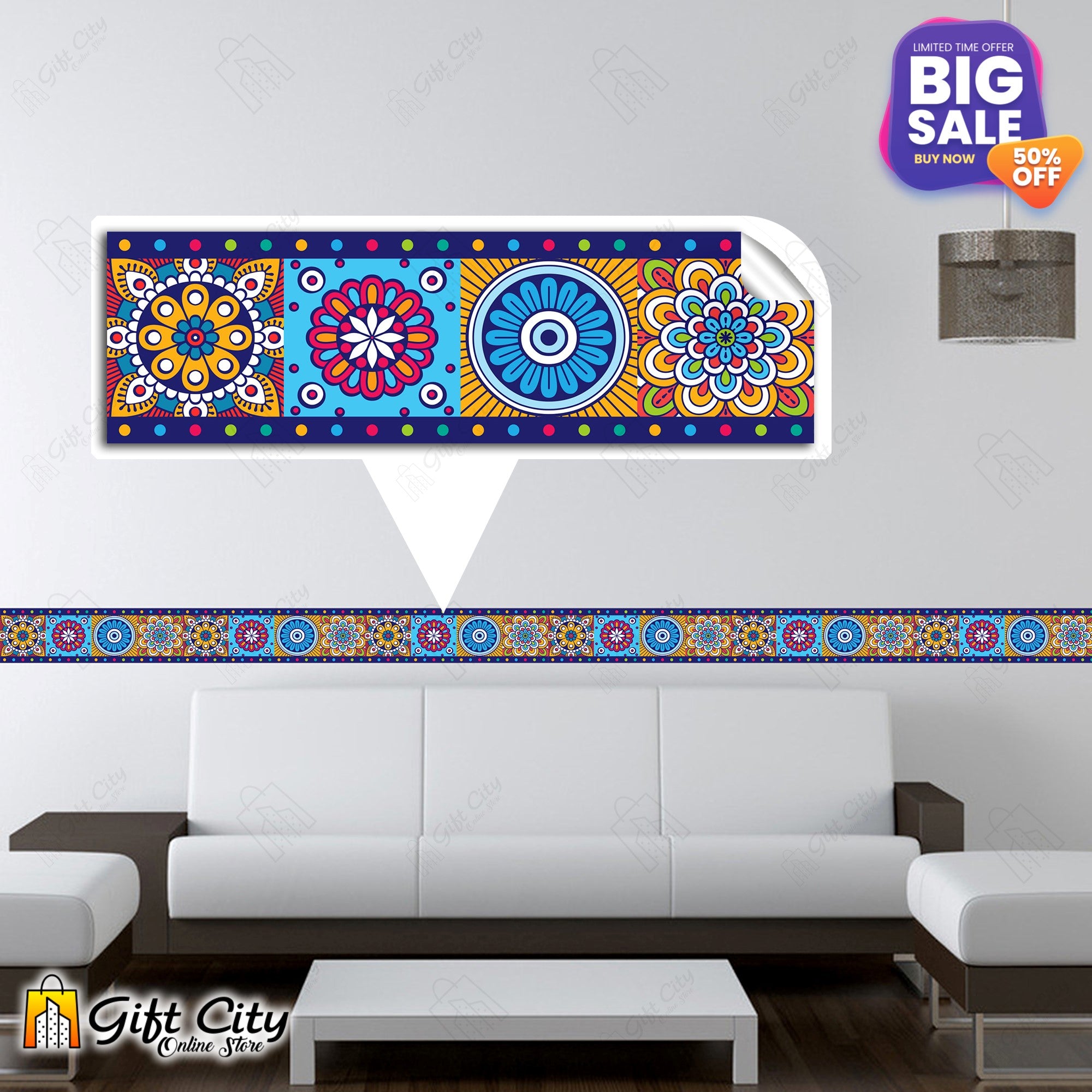 Multi Color Mandala Design Tile Stickers - Gift City