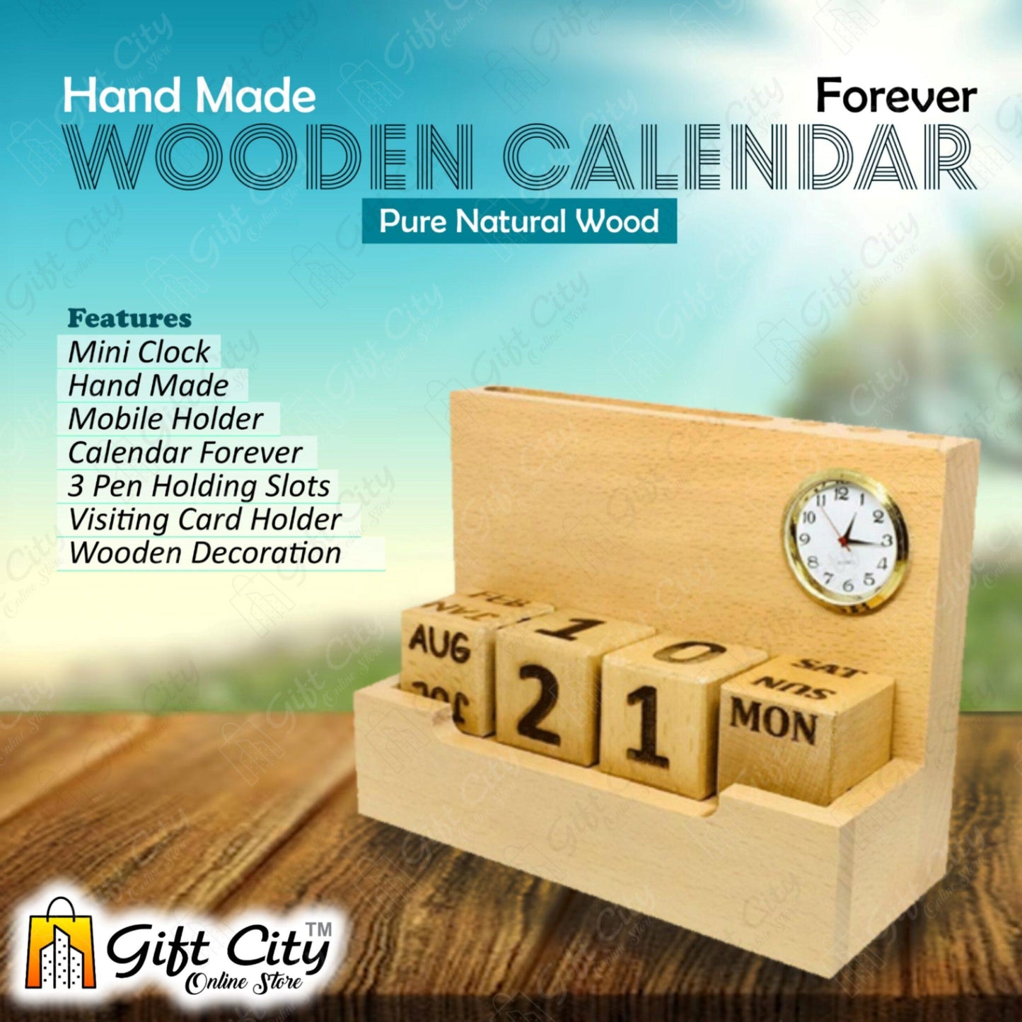 Hand Made Wooden Table Calendar With Clock And Pen + Visiting Card And Mobile Holder For Office