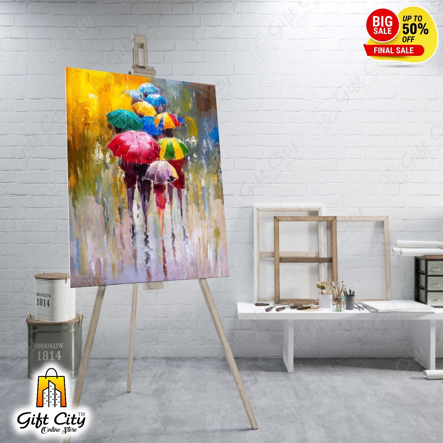 People With Umbrellas In Rain Canvas Painting with Frame Wall for Home Decor