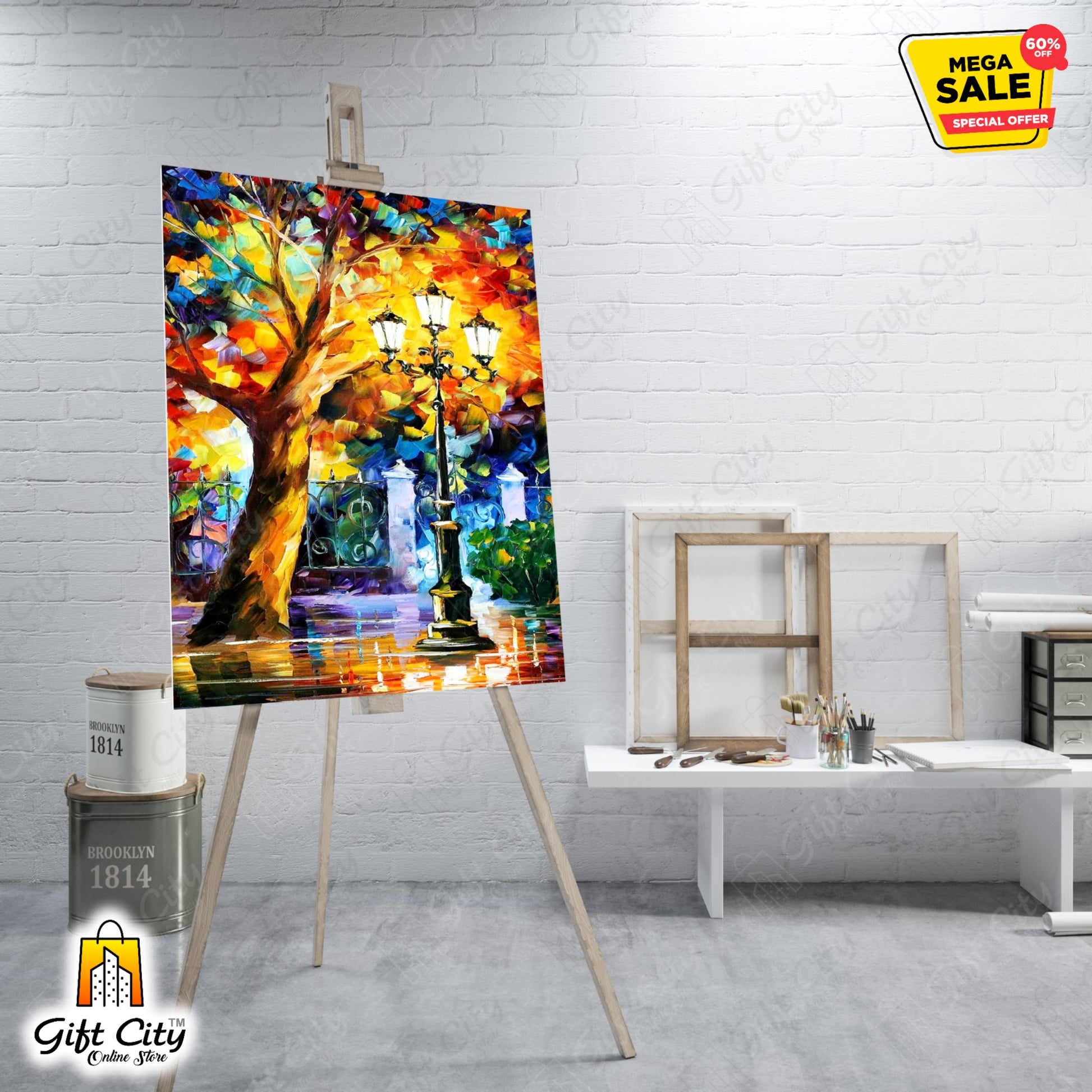 Street Light & Tree Romantic Aura Palette Knife Oil Painting