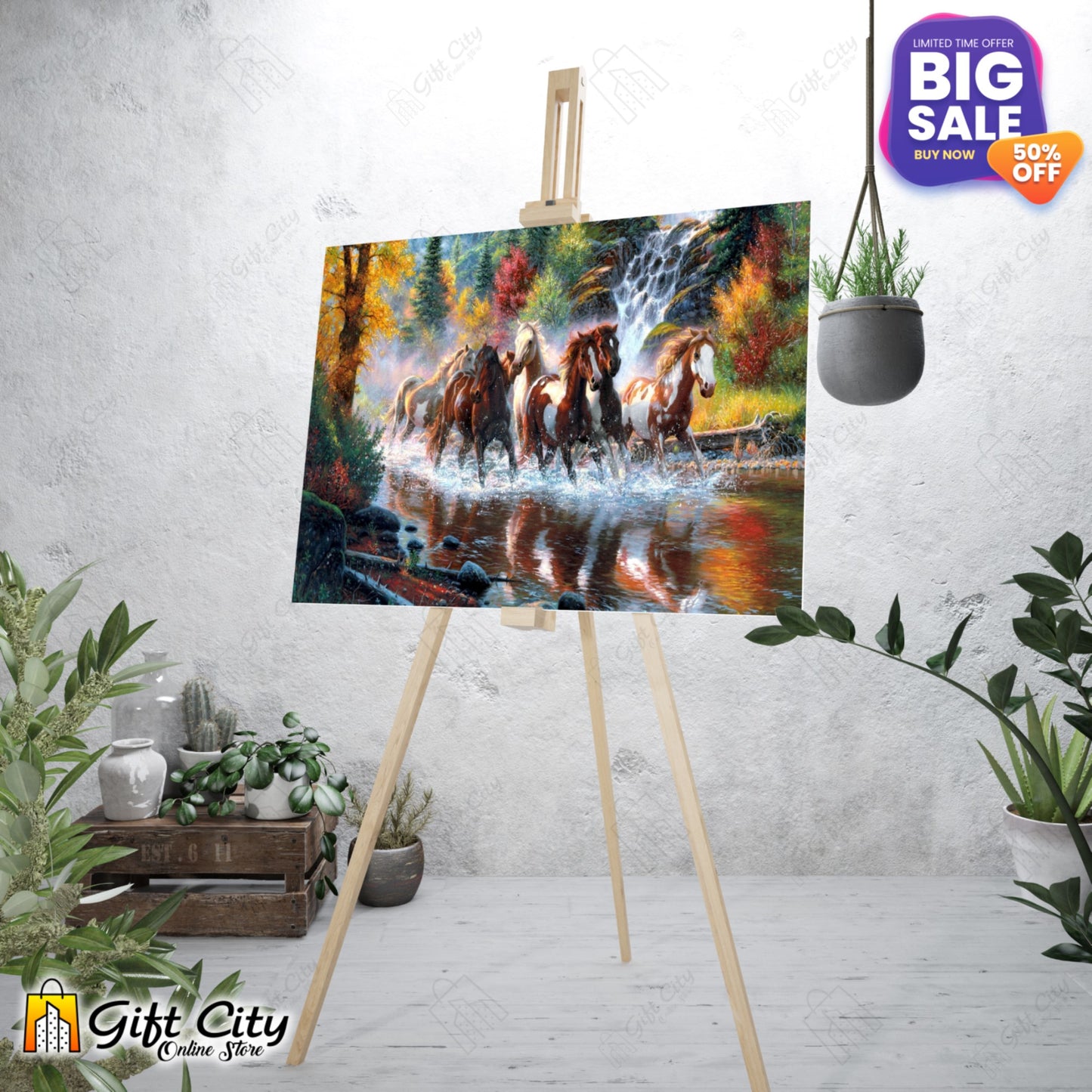 Horse Running in Waterfall Canvas Painting