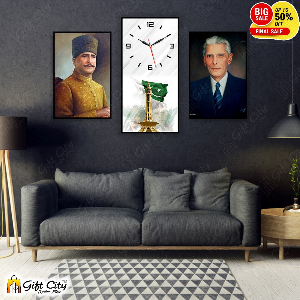 Quaid e Azam / Allama Iqbal 3 In 1 Frame Wall Clock