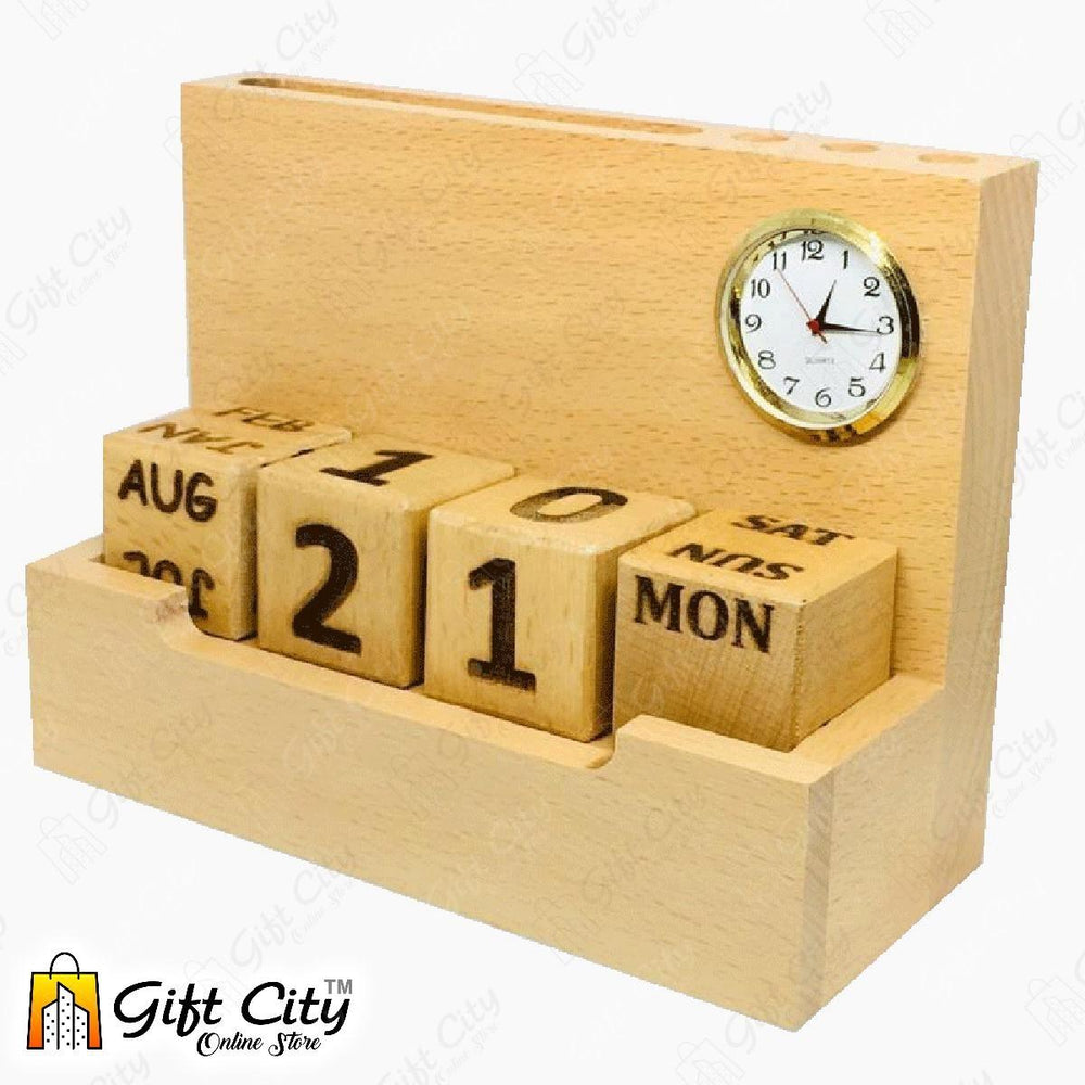 Hand Made Wooden Table Calendar With Clock And Pen + Visiting Card And Mobile Holder For Office - Gift City Online Store