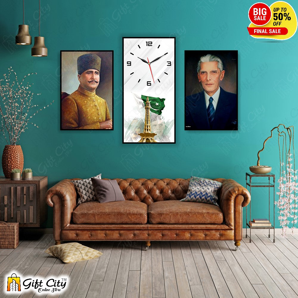 Quaid e Azam / Allama Iqbal 3 In 1 Frame Wall Clock 