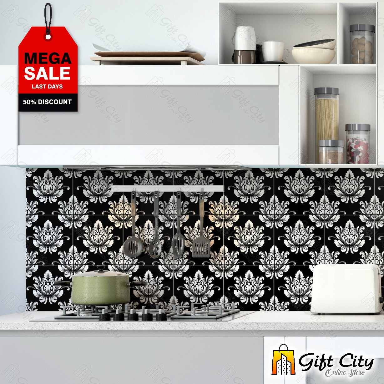 Black and White Multi Pattern Design Tile Stickers