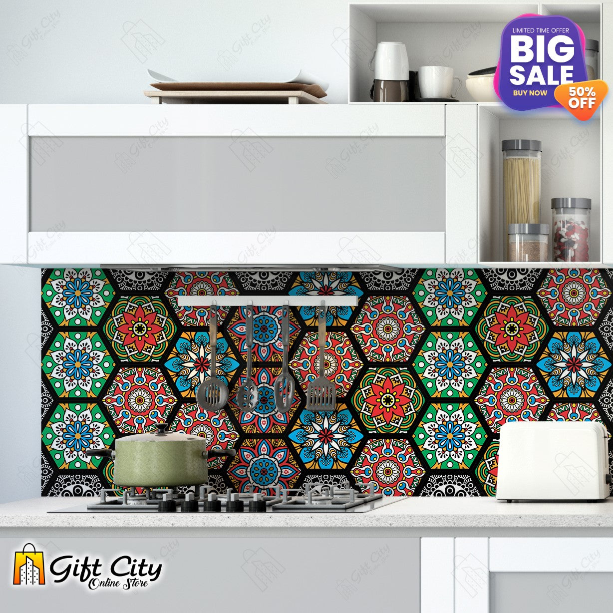 Hexagon Shape Colorful Mandala Pattern Design Tile Stickers