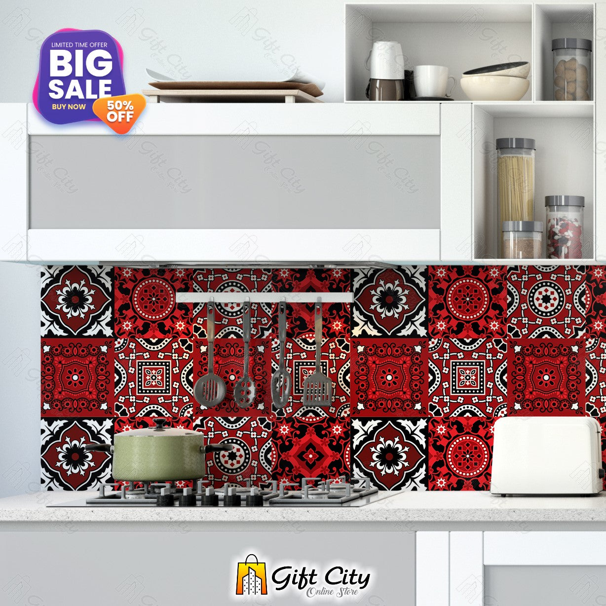  Ajrak Sindhi Black and Red Design Tile Stickers 