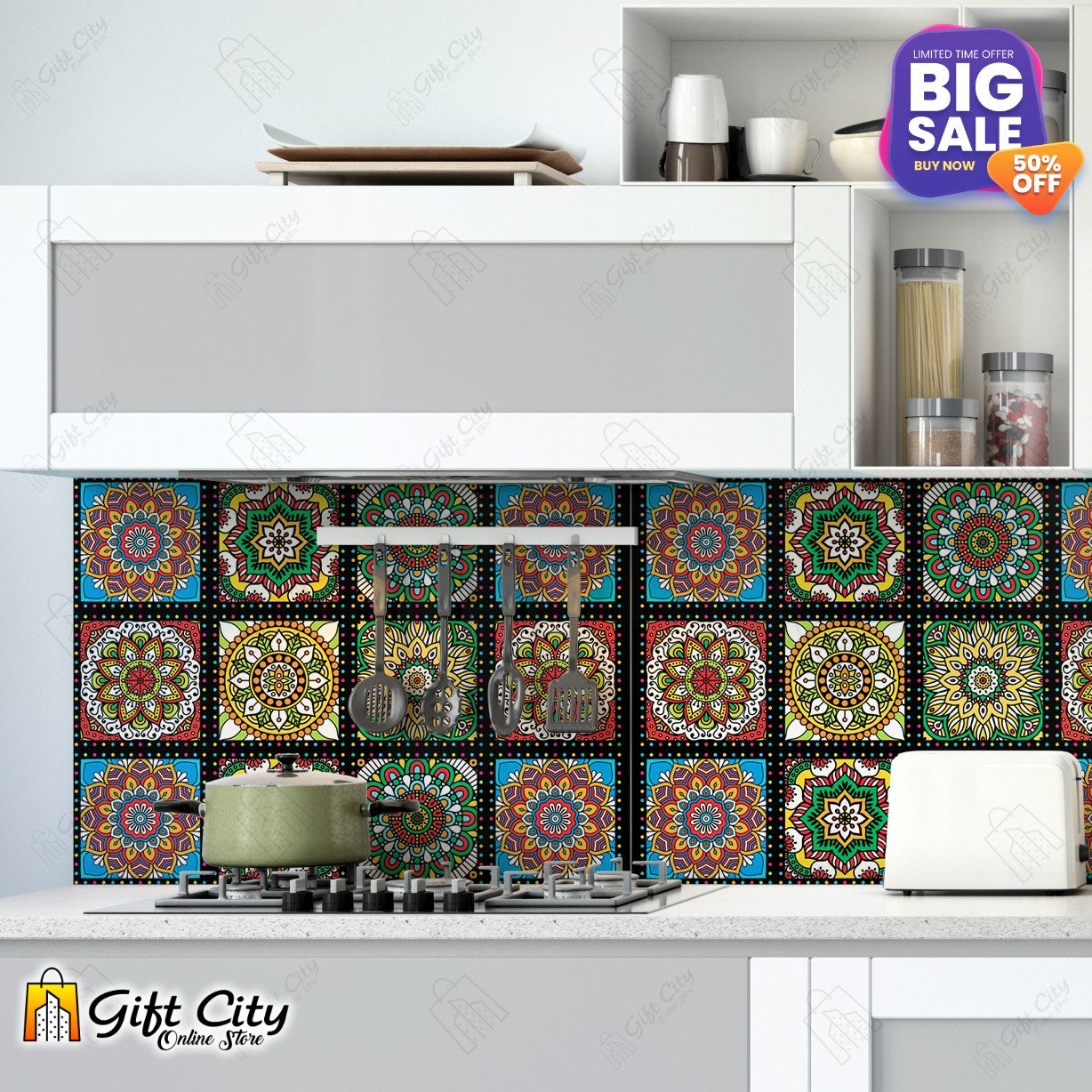 Colorful Mandala Pattern with Black Border Tile Stickers