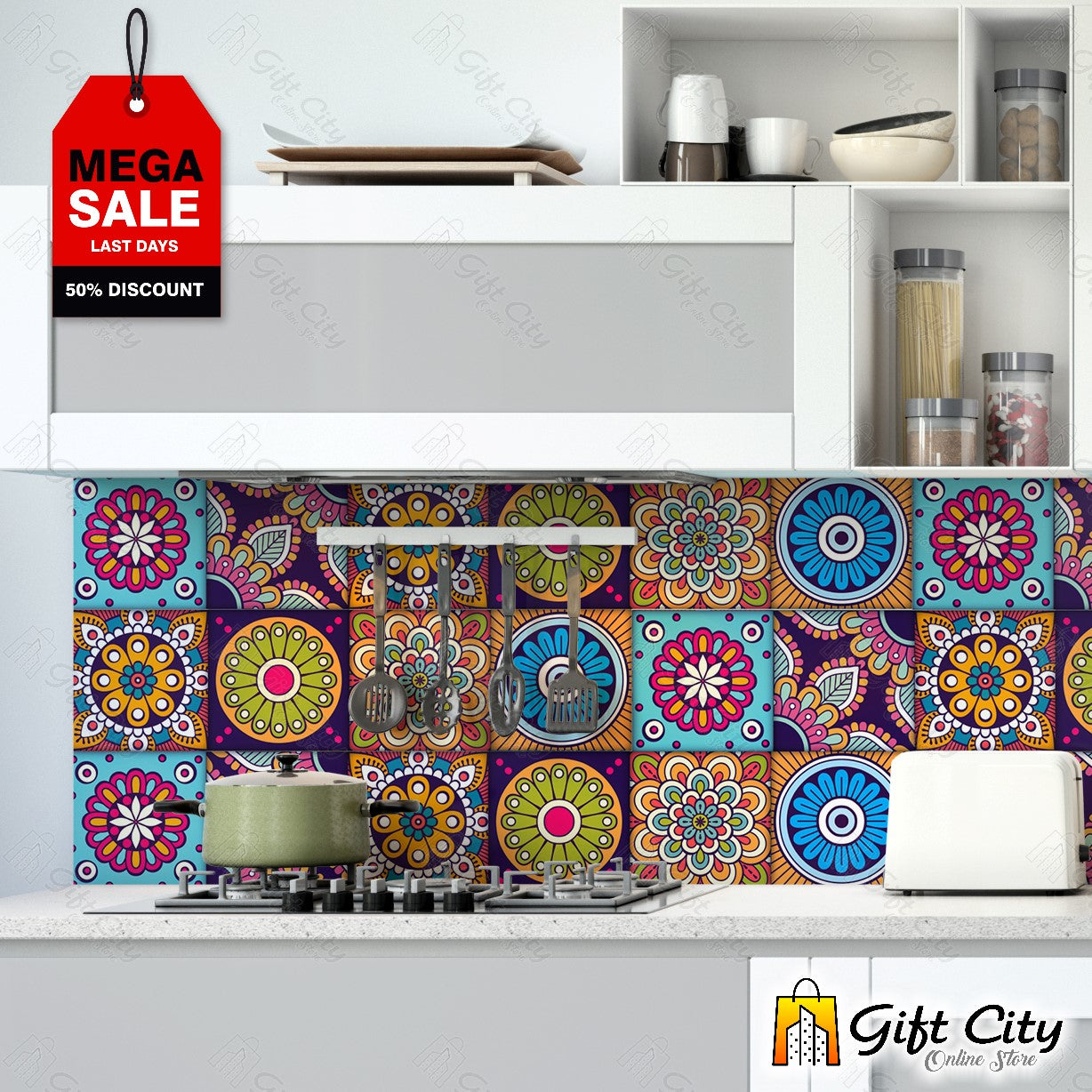 Colorful Mandala Pattern Self Adhesive Kitchen Tile Stickers