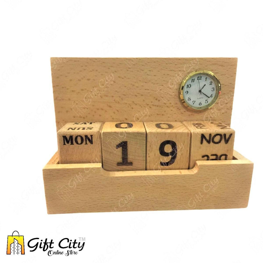 Hand Made Wooden Table Calendar With Clock And Pen + Visiting Card And Mobile Holder For Office - Gift City Online Store