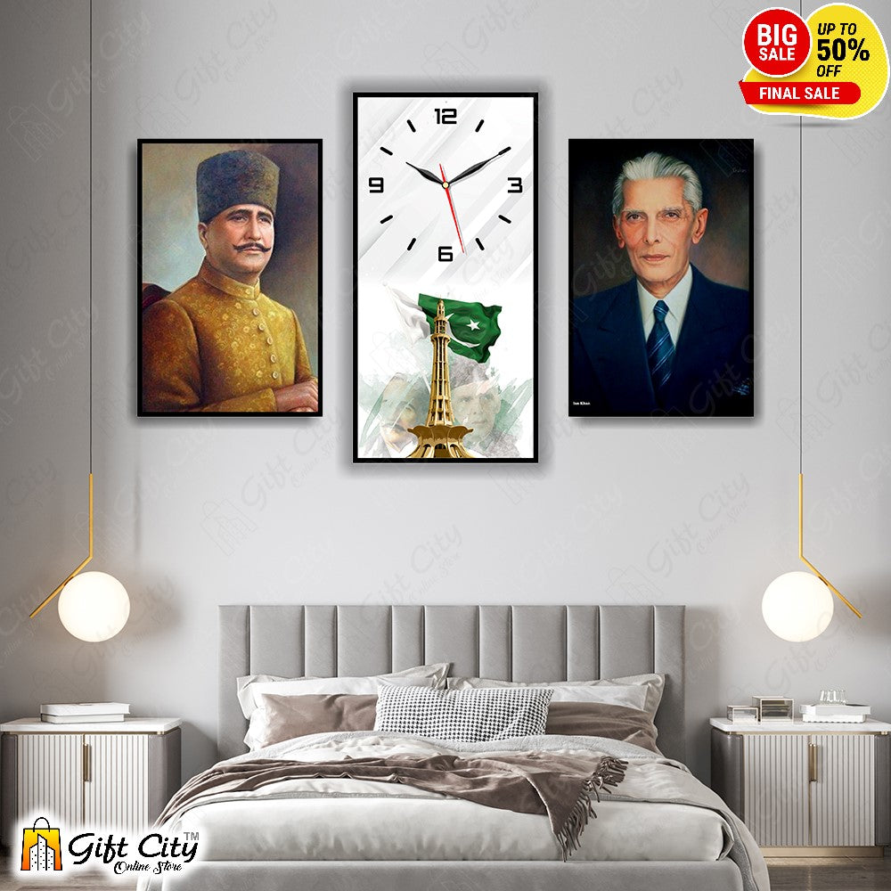 Quaid e Azam / Allama Iqbal 3 In 1 Frame Wall Clock