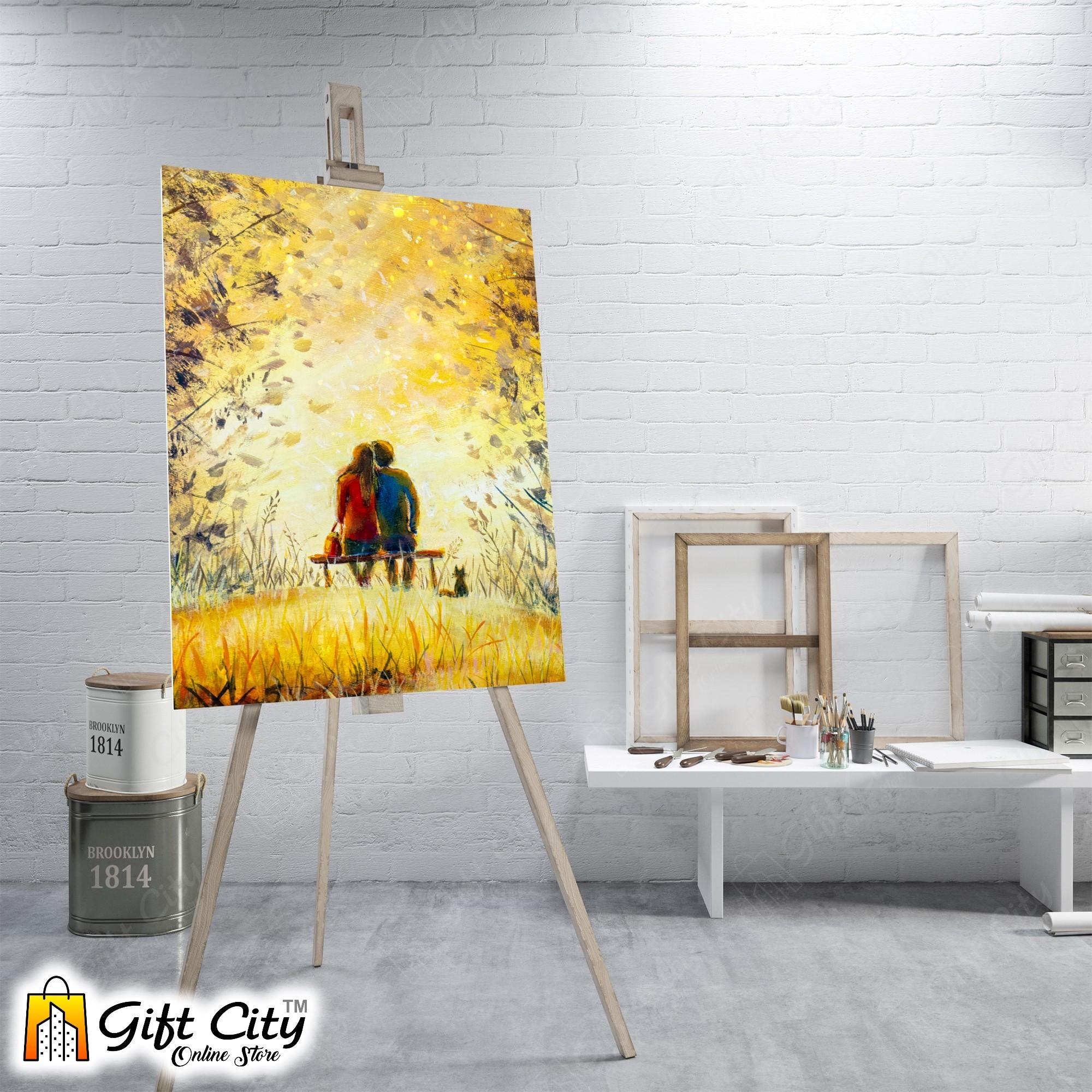 Couple In Park Palette Knife Art Canvas Painting 