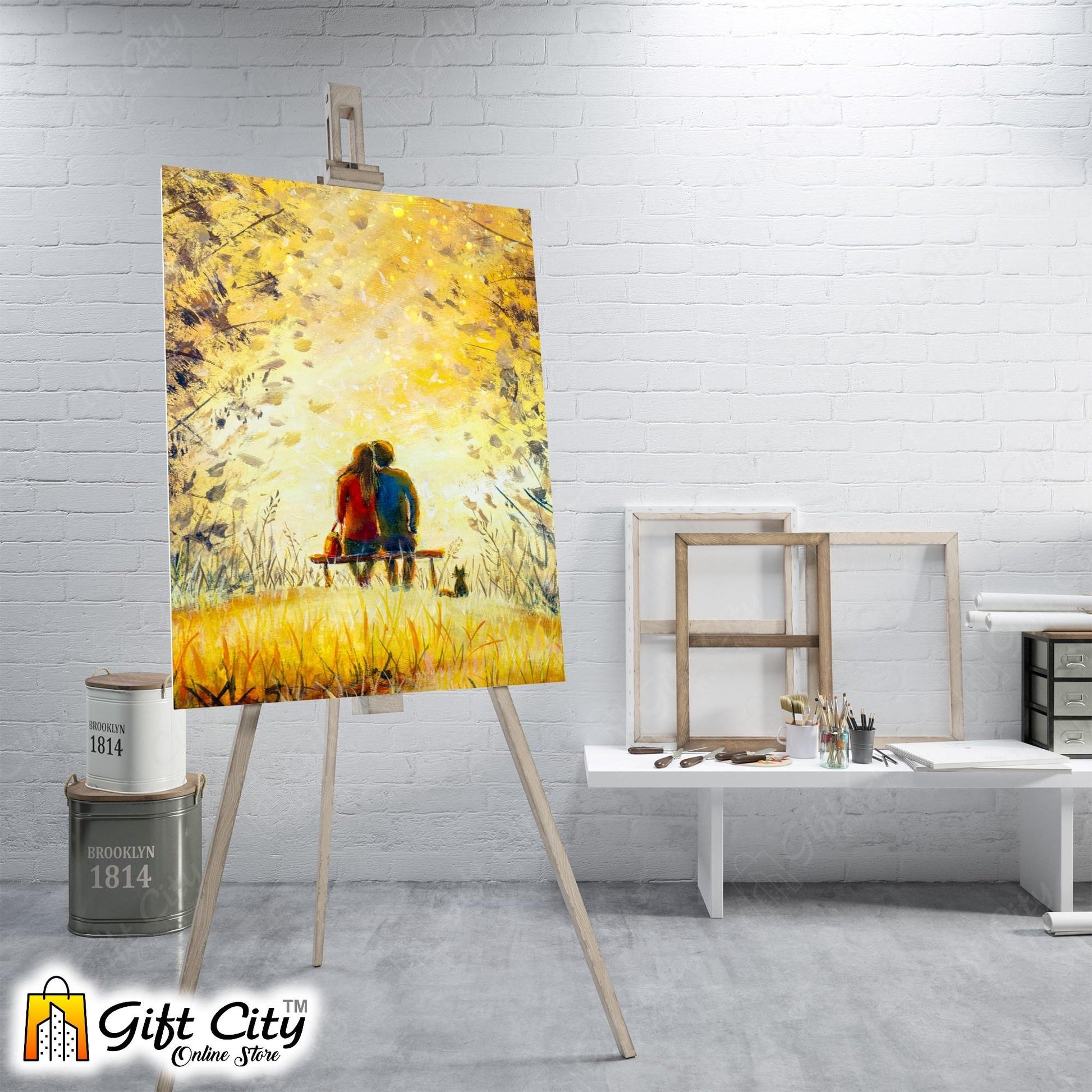 Couple In Park Palette Knife Art Canvas Painting 