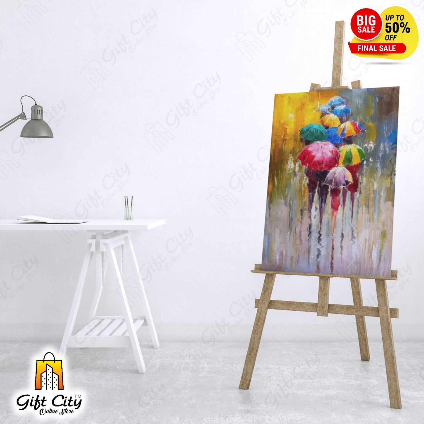 People With Umbrellas In Rain Canvas Painting with Frame Wall for Home Decor