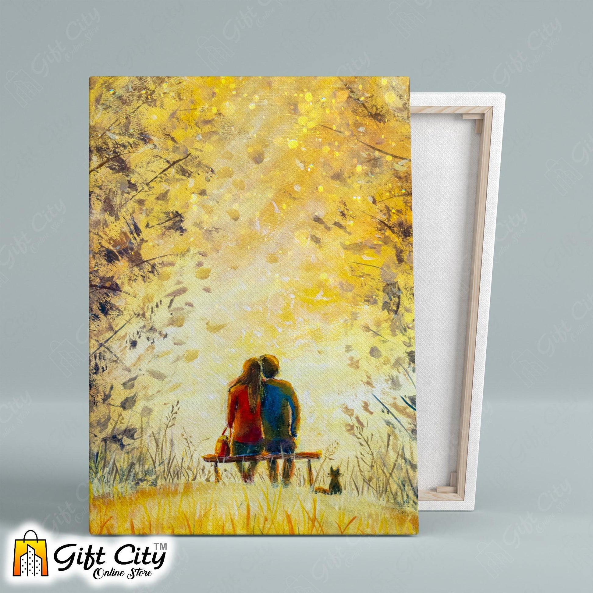 Couple In Park Palette Knife Art Canvas Painting 