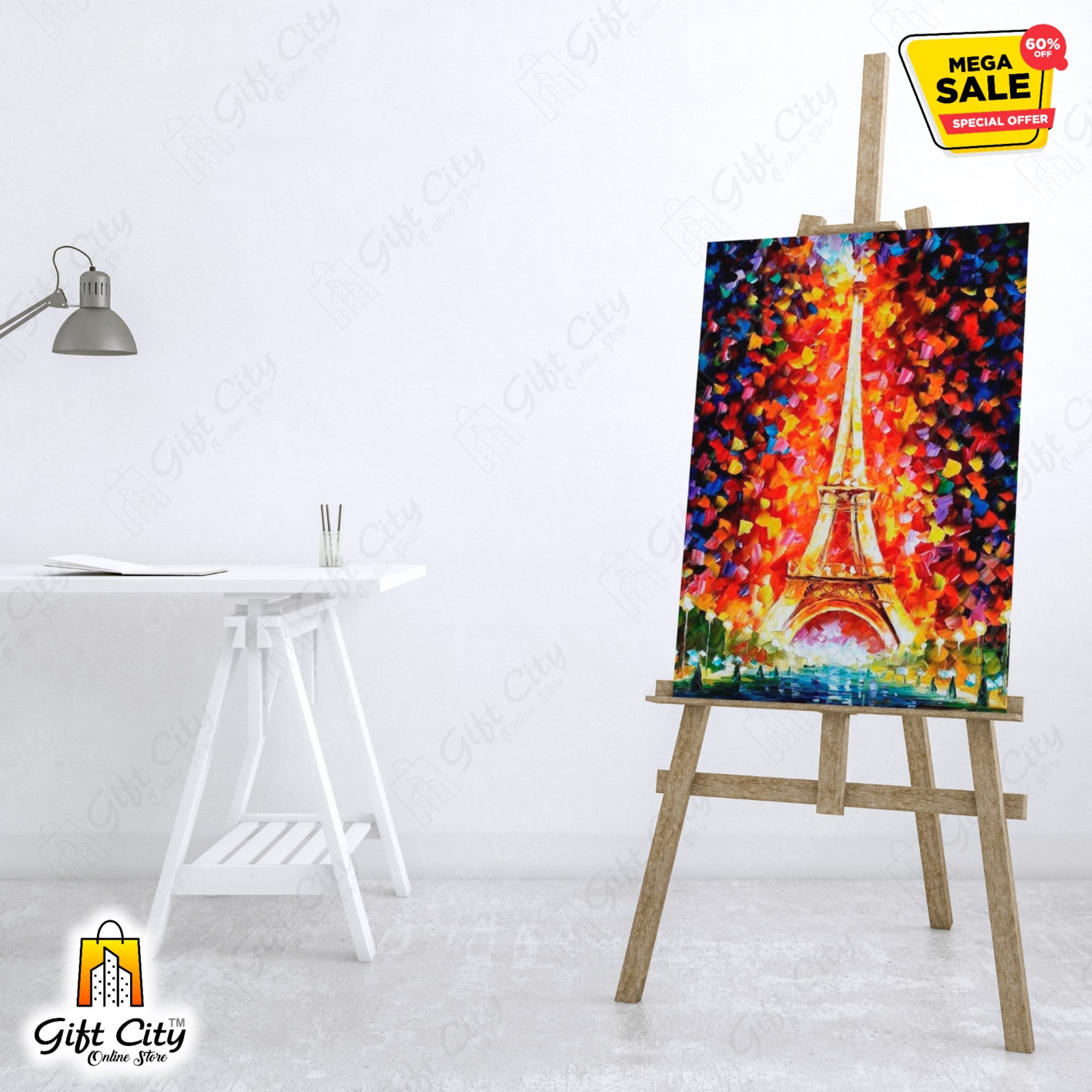 Paris Eiffel Tower Lighted Palette Knife Oil Painting